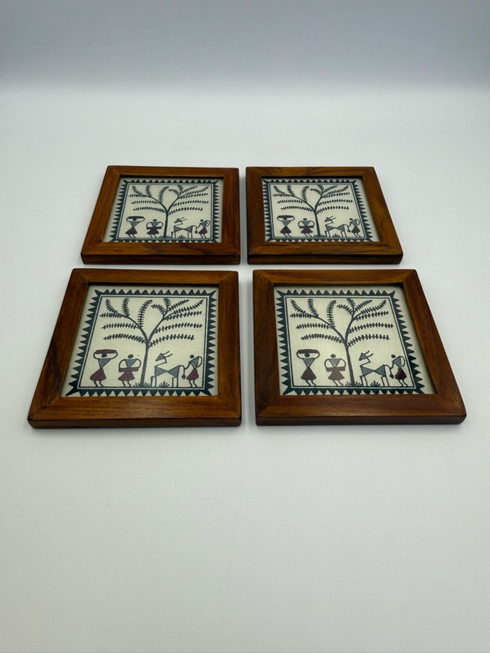 Vintage Set of 4 Handcrafted Tribal Coasters Wood and Glass  Folk Art